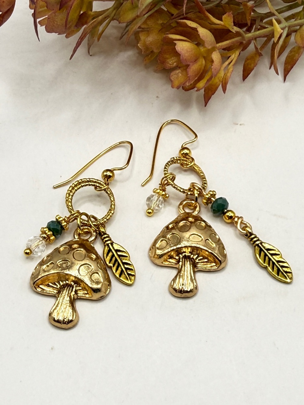 Gold Mushroom Charm Drop Earrings with Green Beads - Unbranded Cottage Core